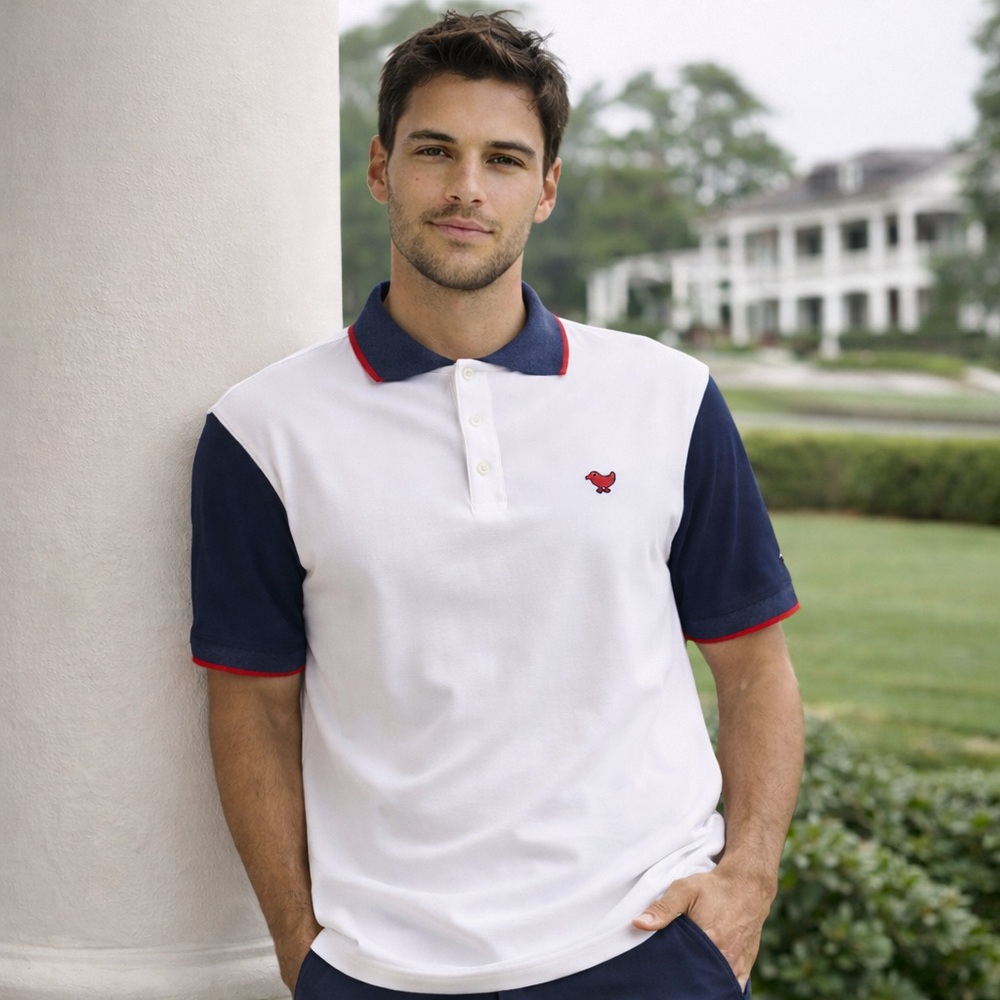 Bad Birdie White Navy Pique Polo Red Trim Logo Size M NWT‎